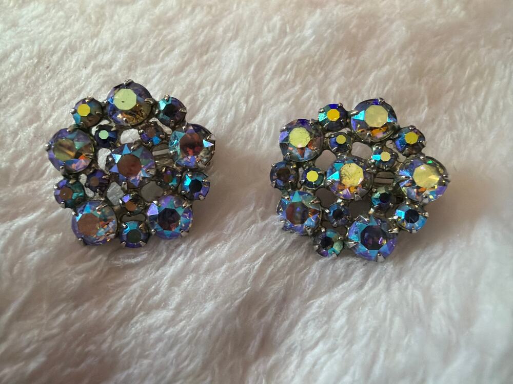 Vintage B David AB Aurora Borealis Rhinestone Flower Clip On Earrings Signed